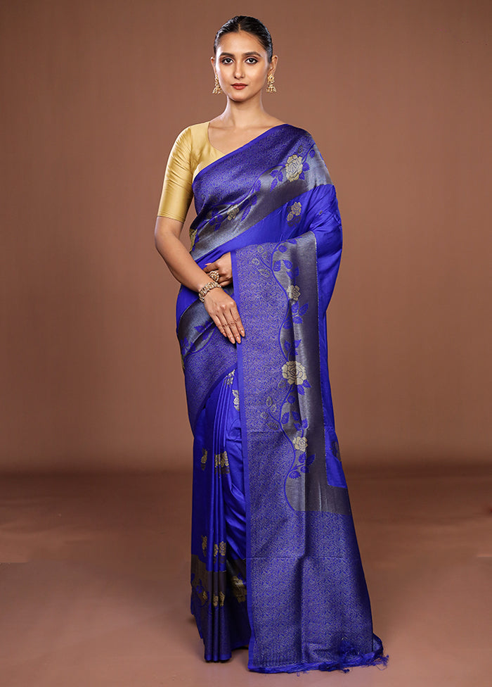 Blue Dupion Silk Saree With Blouse Piece
