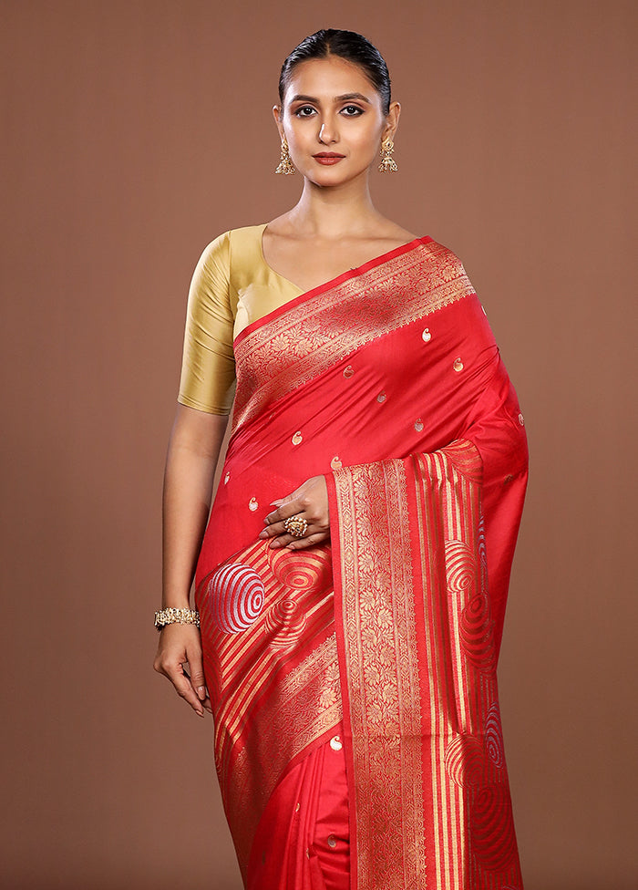 Red Dupion Silk Saree With Blouse Piece