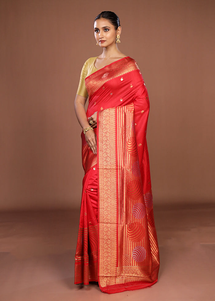 Red Dupion Silk Saree With Blouse Piece