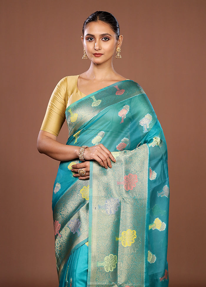 Blue Organza Saree With Blouse Piece