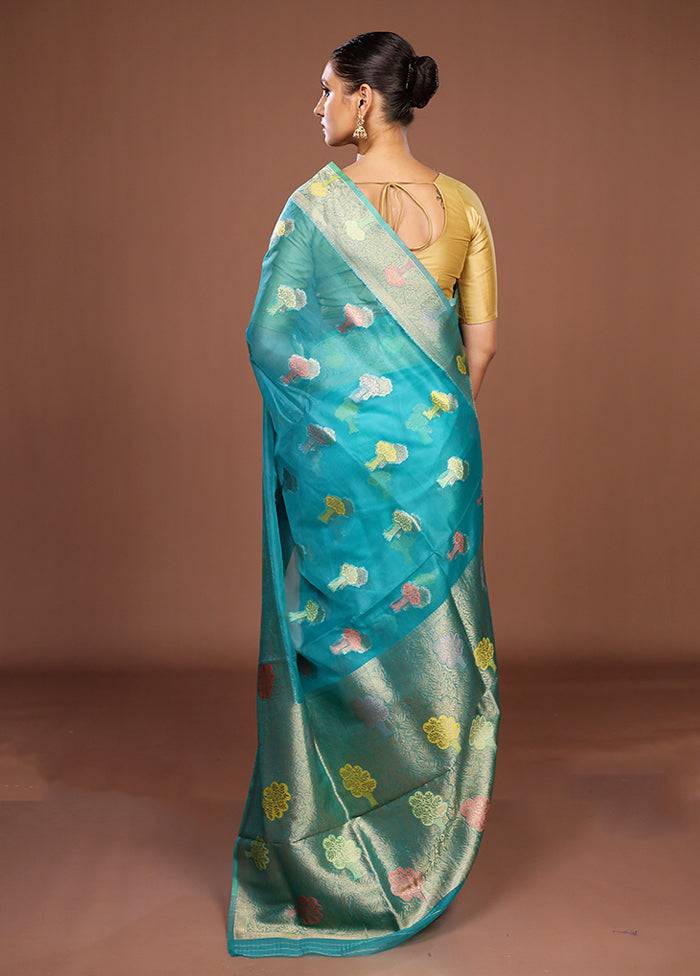 Blue Organza Saree With Blouse Piece