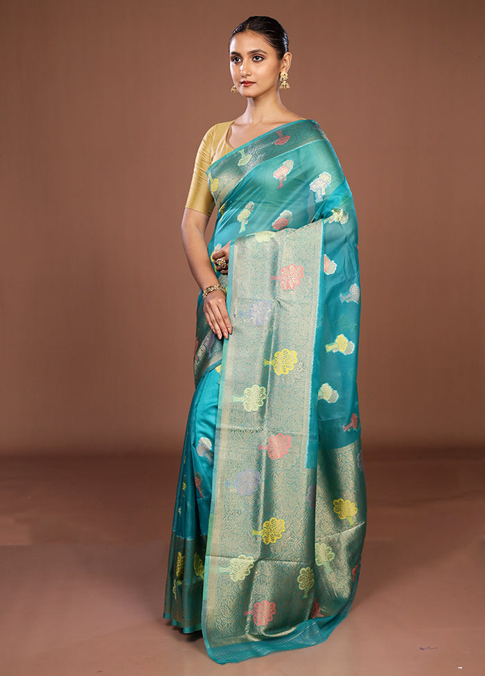 Blue Organza Saree With Blouse Piece