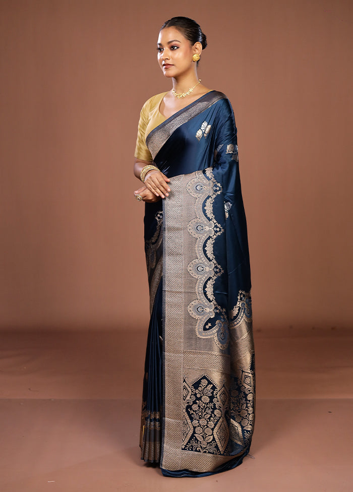Blue Dupion Silk Saree With Blouse Piece