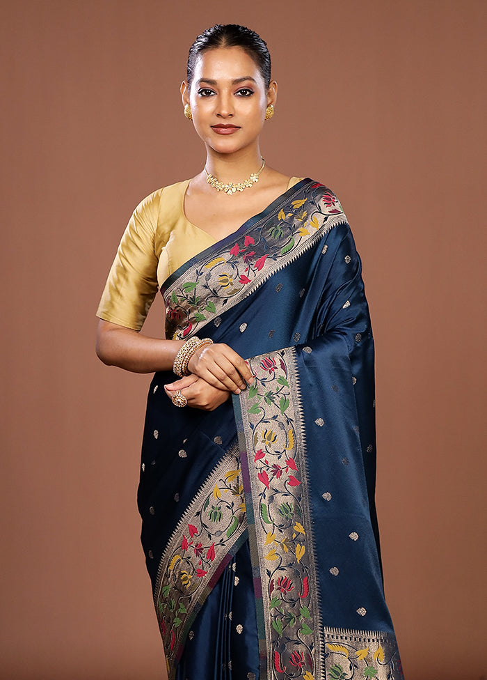 Blue Dupion Silk Saree With Blouse Piece