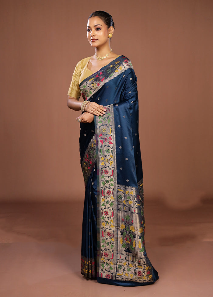 Blue Dupion Silk Saree With Blouse Piece