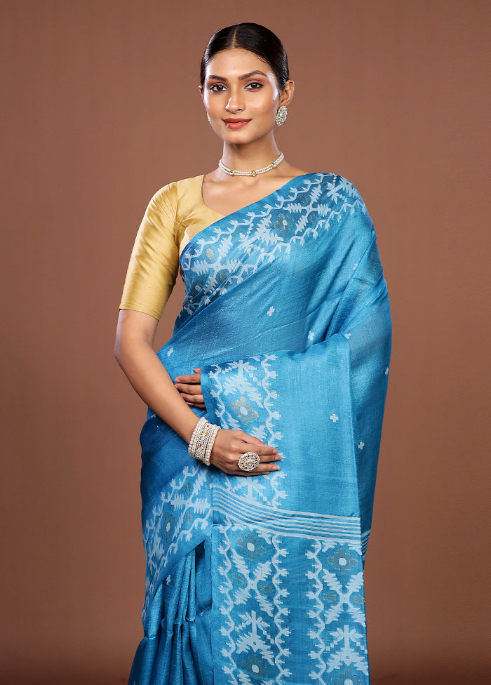 Blue Handloom Tussar Pure Silk Saree With Blouse Piece