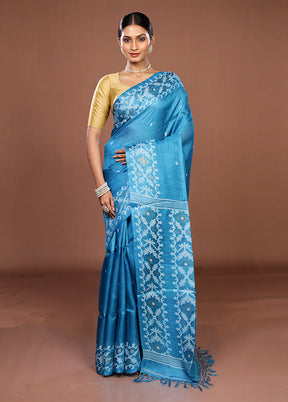 Blue Handloom Tussar Pure Silk Saree With Blouse Piece