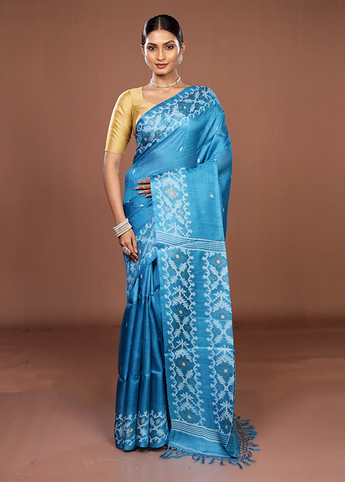 Blue Handloom Tussar Pure Silk Saree With Blouse Piece
