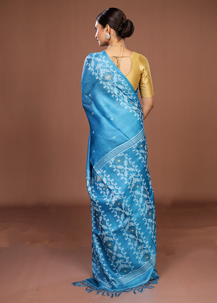 Blue Handloom Tussar Pure Silk Saree With Blouse Piece
