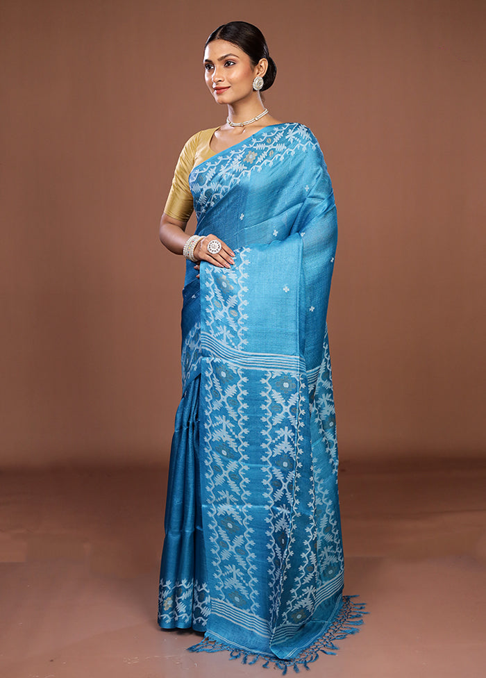 Blue Handloom Tussar Pure Silk Saree With Blouse Piece