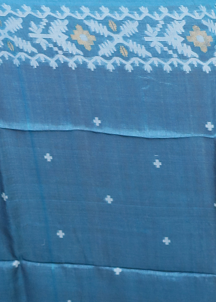 Blue Handloom Tussar Pure Silk Saree With Blouse Piece