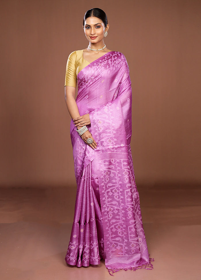 Purple Handloom Tussar Pure Silk Saree With Blouse Piece