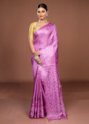 Purple Handloom Tussar Pure Silk Saree With Blouse Piece