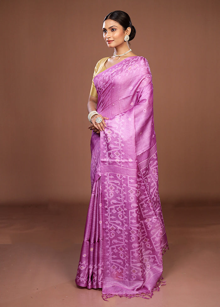 Purple Handloom Tussar Pure Silk Saree With Blouse Piece