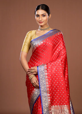 Red Handloom Banarasi Pure Silk Saree With Blouse Piece