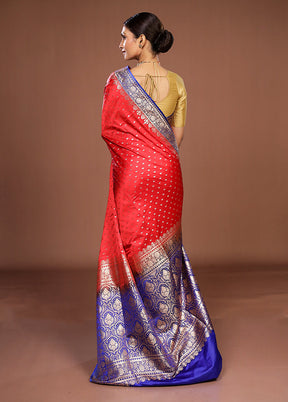 Red Handloom Banarasi Pure Silk Saree With Blouse Piece