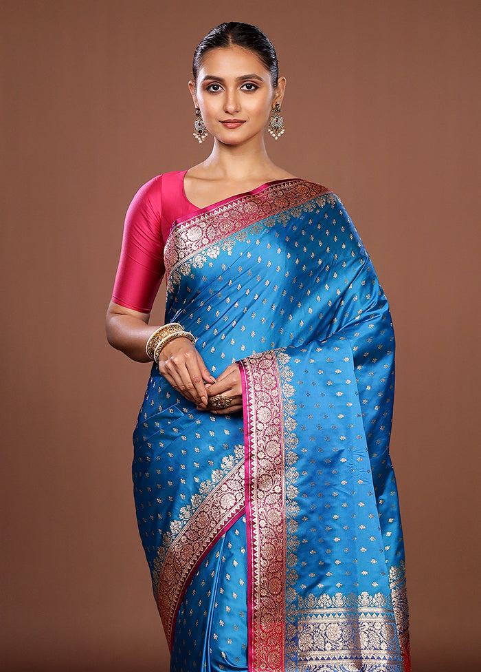 Blue Handloom Banarasi Pure Silk Saree With Blouse Piece