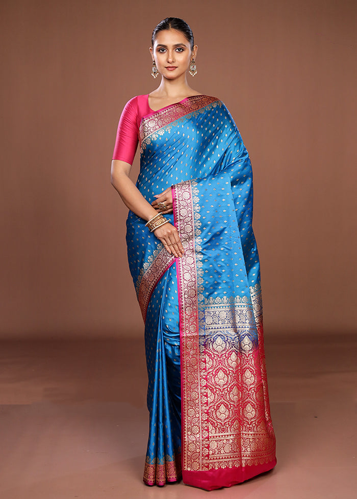 Blue Handloom Banarasi Pure Silk Saree With Blouse Piece