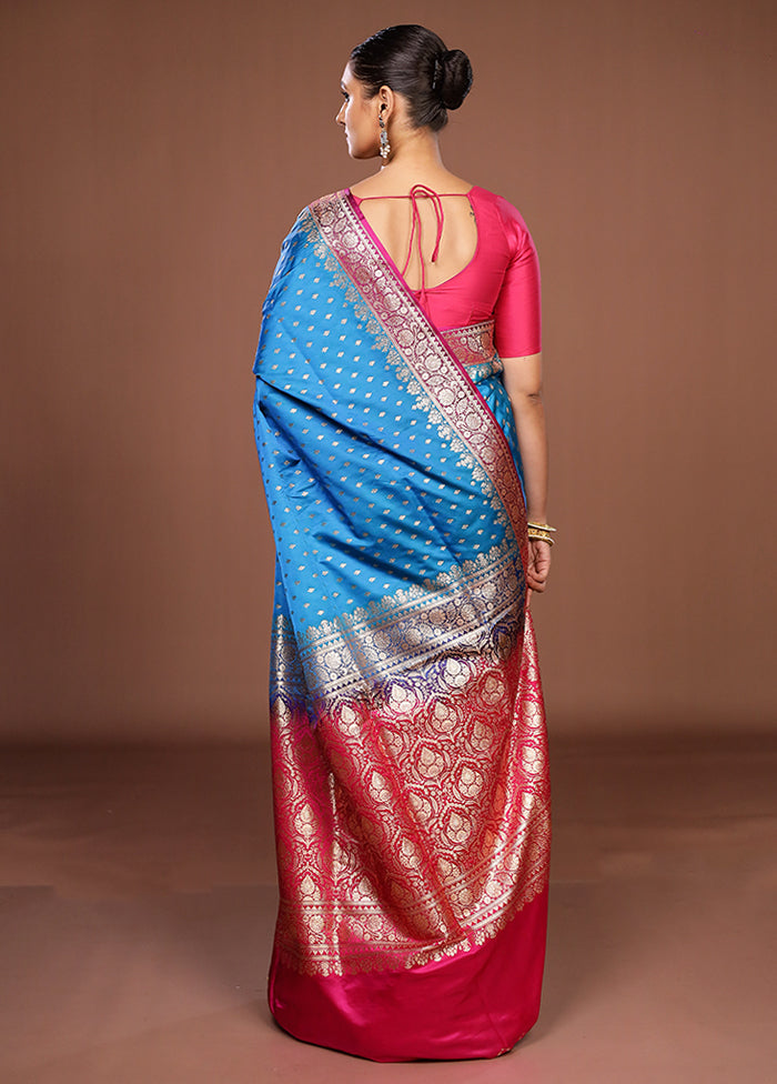 Blue Handloom Banarasi Pure Silk Saree With Blouse Piece