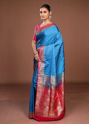 Blue Handloom Banarasi Pure Silk Saree With Blouse Piece