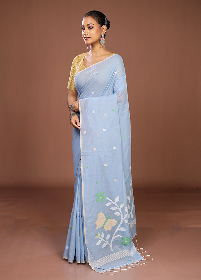 Blue Matka Silk Saree With Blouse Piece