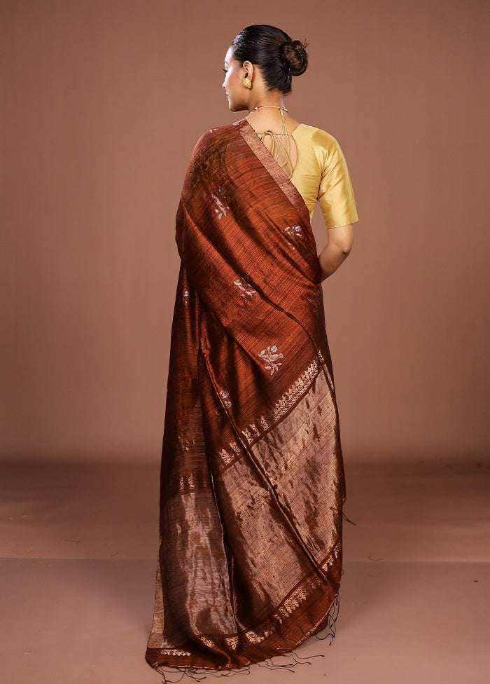 Brown Handloom Matka Pure Silk Saree With Blouse Piece