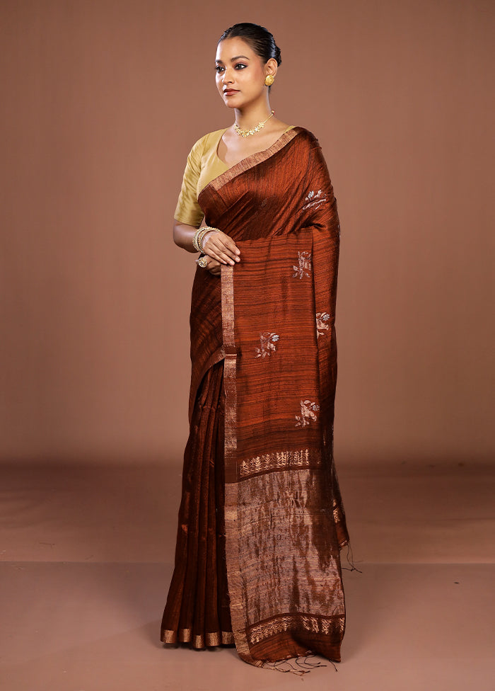 Brown Handloom Matka Pure Silk Saree With Blouse Piece