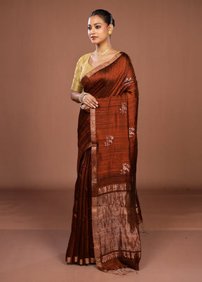 Brown Handloom Matka Pure Silk Saree With Blouse Piece
