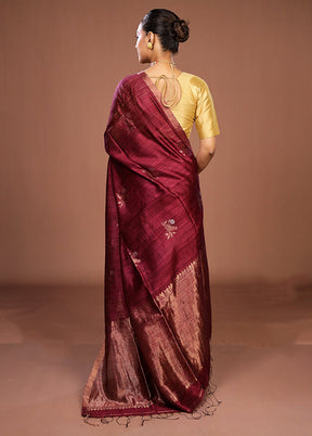 Maroon Handloom Matka Pure Silk Saree With Blouse Piece