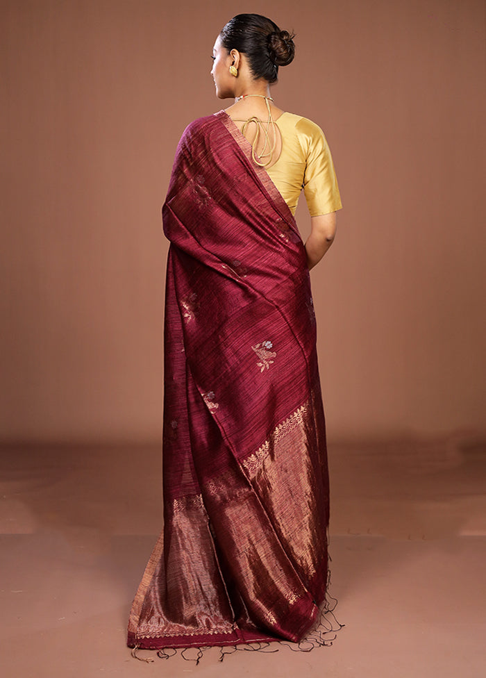 Maroon Handloom Matka Pure Silk Saree With Blouse Piece