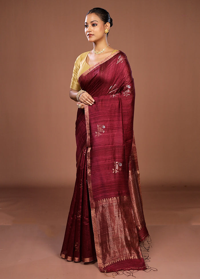 Maroon Handloom Matka Pure Silk Saree With Blouse Piece