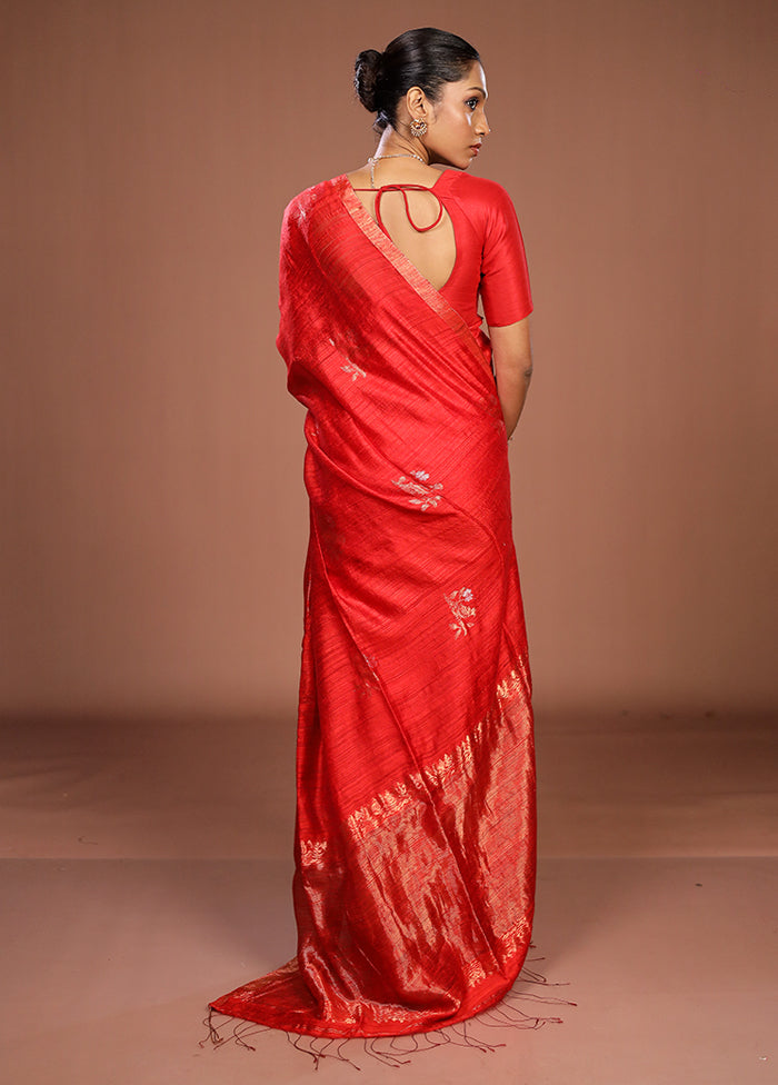 Red Handloom Matka Pure Silk Saree With Blouse Piece