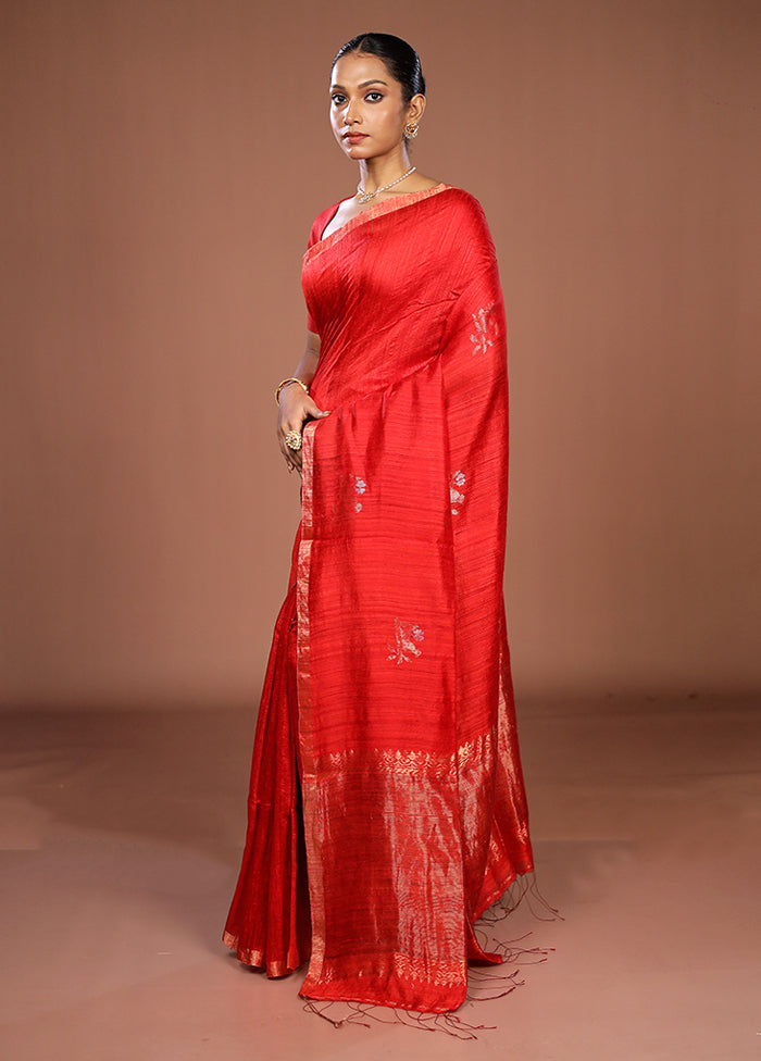 Red Handloom Matka Pure Silk Saree With Blouse Piece