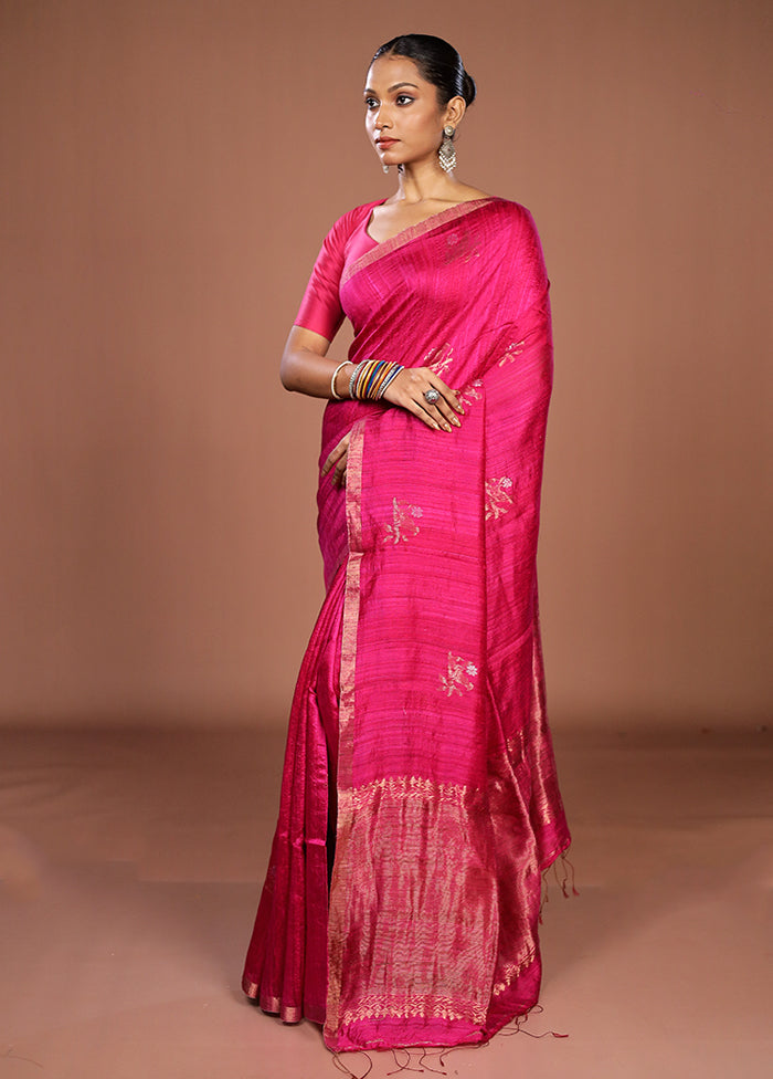 Pink Handloom Matka Pure Silk Saree With Blouse Piece
