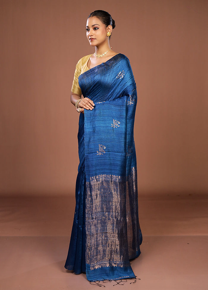 Blue Handloom Matka Pure Silk Saree With Blouse Piece