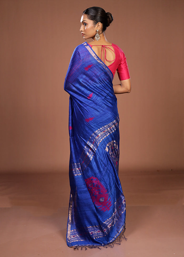 Blue Handloom Matka Pure Silk Saree With Blouse Piece