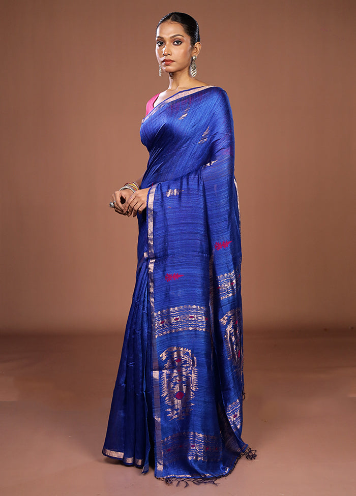 Blue Handloom Matka Pure Silk Saree With Blouse Piece