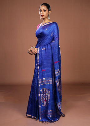 Blue Handloom Matka Pure Silk Saree With Blouse Piece
