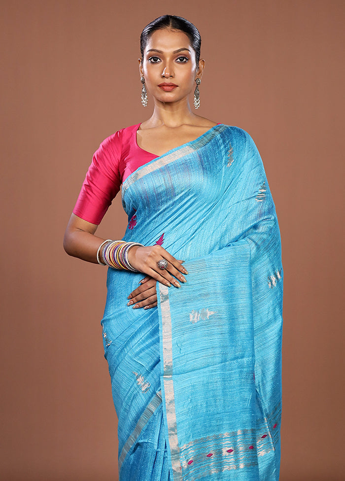 Blue Handloom Matka Pure Silk Saree With Blouse Piece
