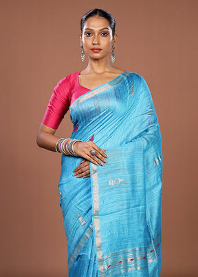 Blue Handloom Matka Pure Silk Saree With Blouse Piece
