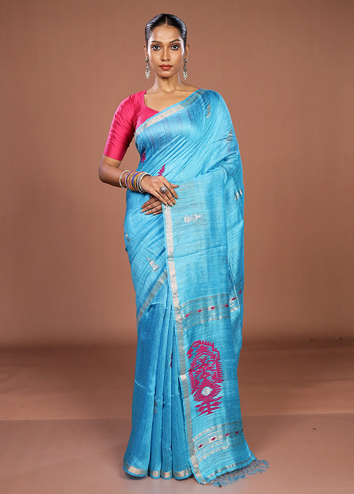 Blue Handloom Matka Pure Silk Saree With Blouse Piece