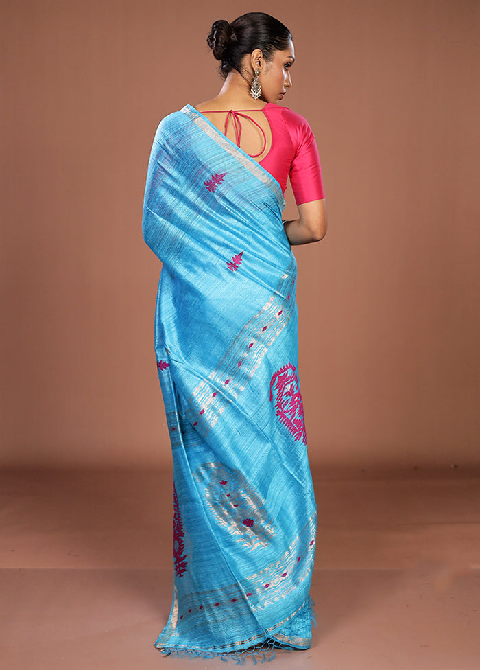 Blue Handloom Matka Pure Silk Saree With Blouse Piece