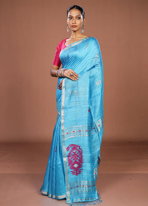 Blue Handloom Matka Pure Silk Saree With Blouse Piece