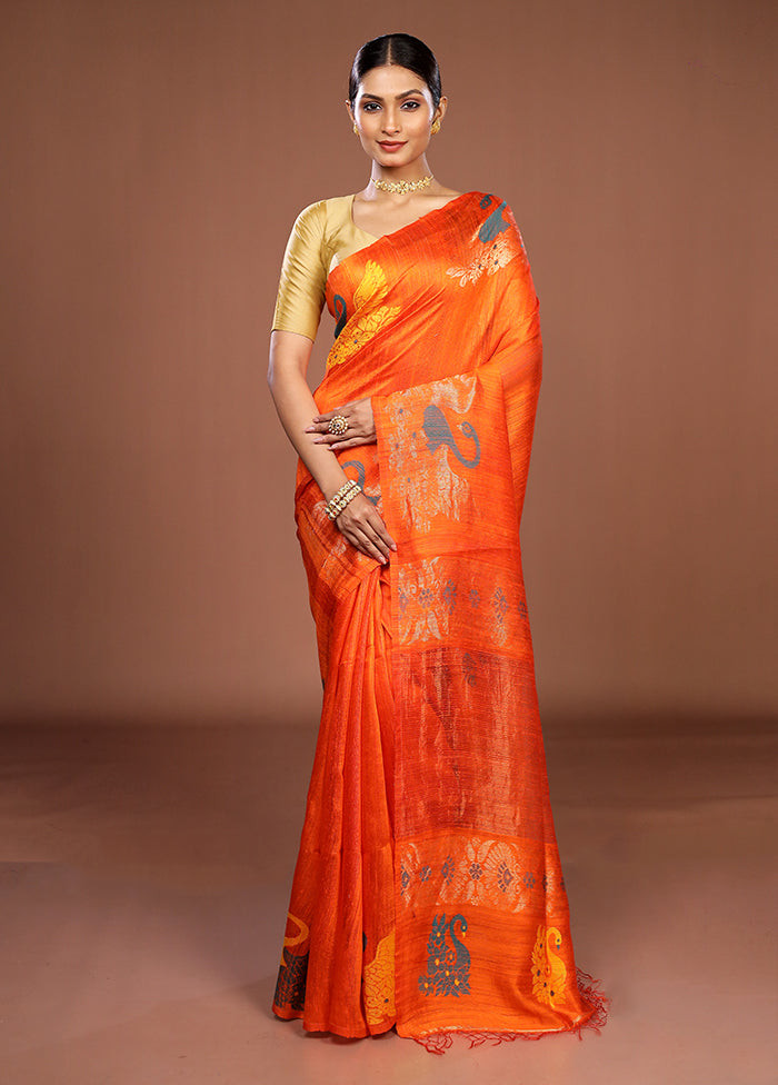 Orange Handloom Matka Pure Silk Saree With Blouse Piece