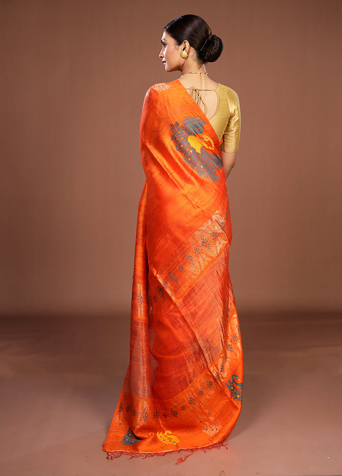 Orange Handloom Matka Pure Silk Saree With Blouse Piece