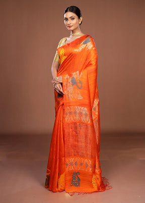 Orange Handloom Matka Pure Silk Saree With Blouse Piece