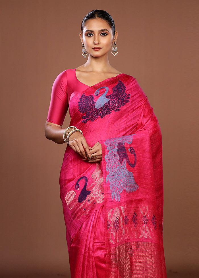 Pink Handloom Matka Pure Silk Saree With Blouse Piece