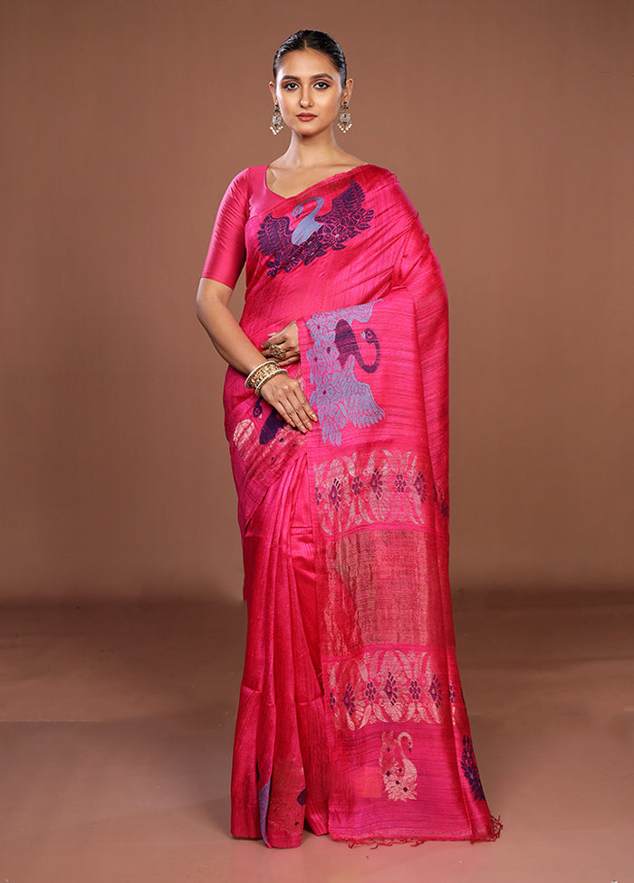 Pink Handloom Matka Pure Silk Saree With Blouse Piece
