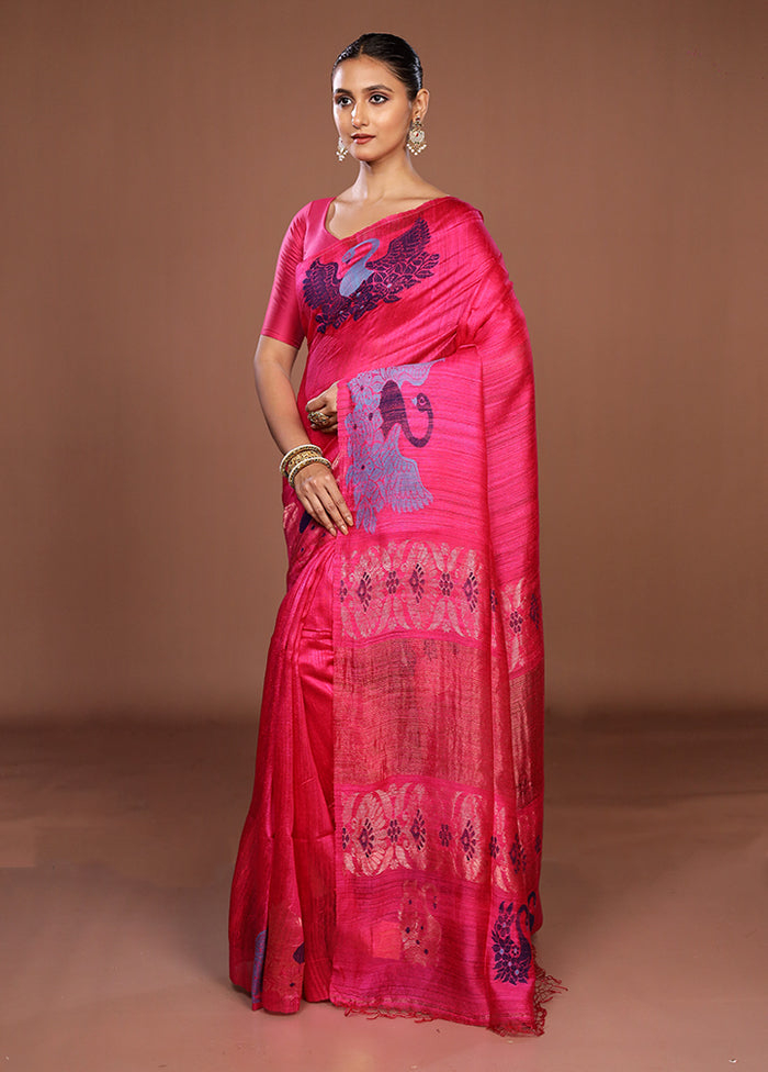 Pink Handloom Matka Pure Silk Saree With Blouse Piece
