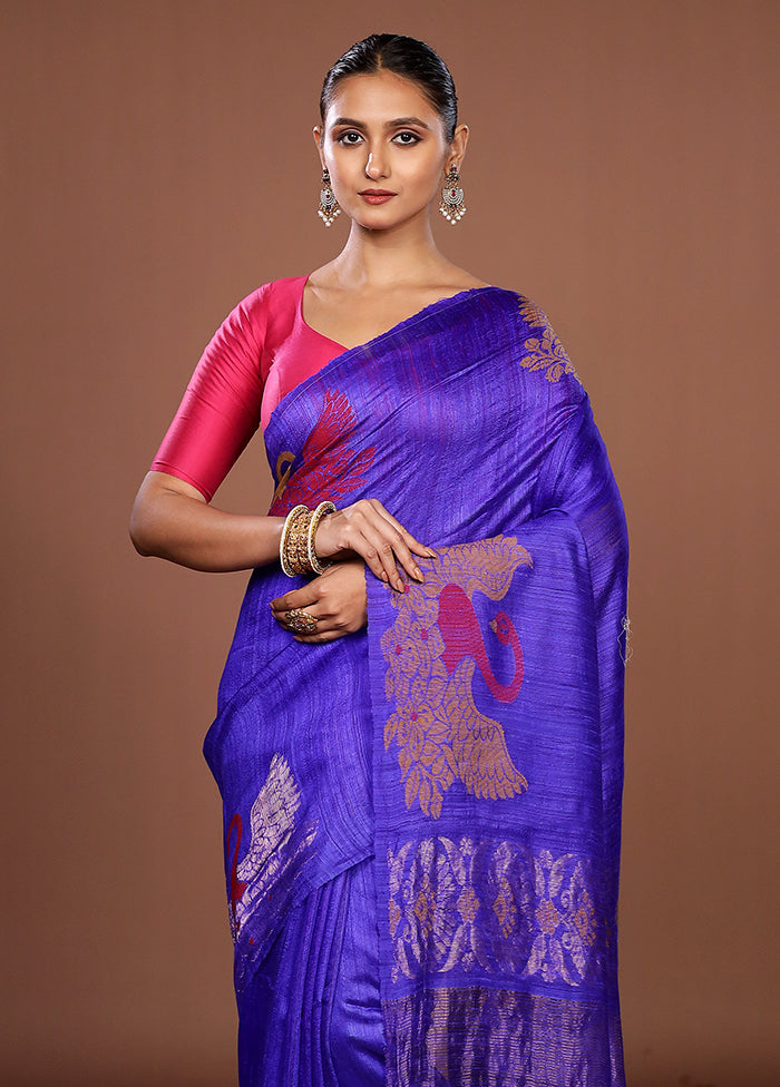 Blue Handloom Matka Pure Silk Saree With Blouse Piece